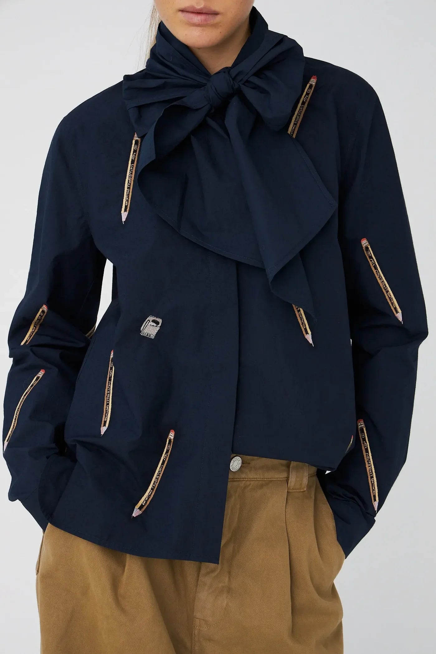 STELLA NOVA Embroidered cotton bow shirt navy