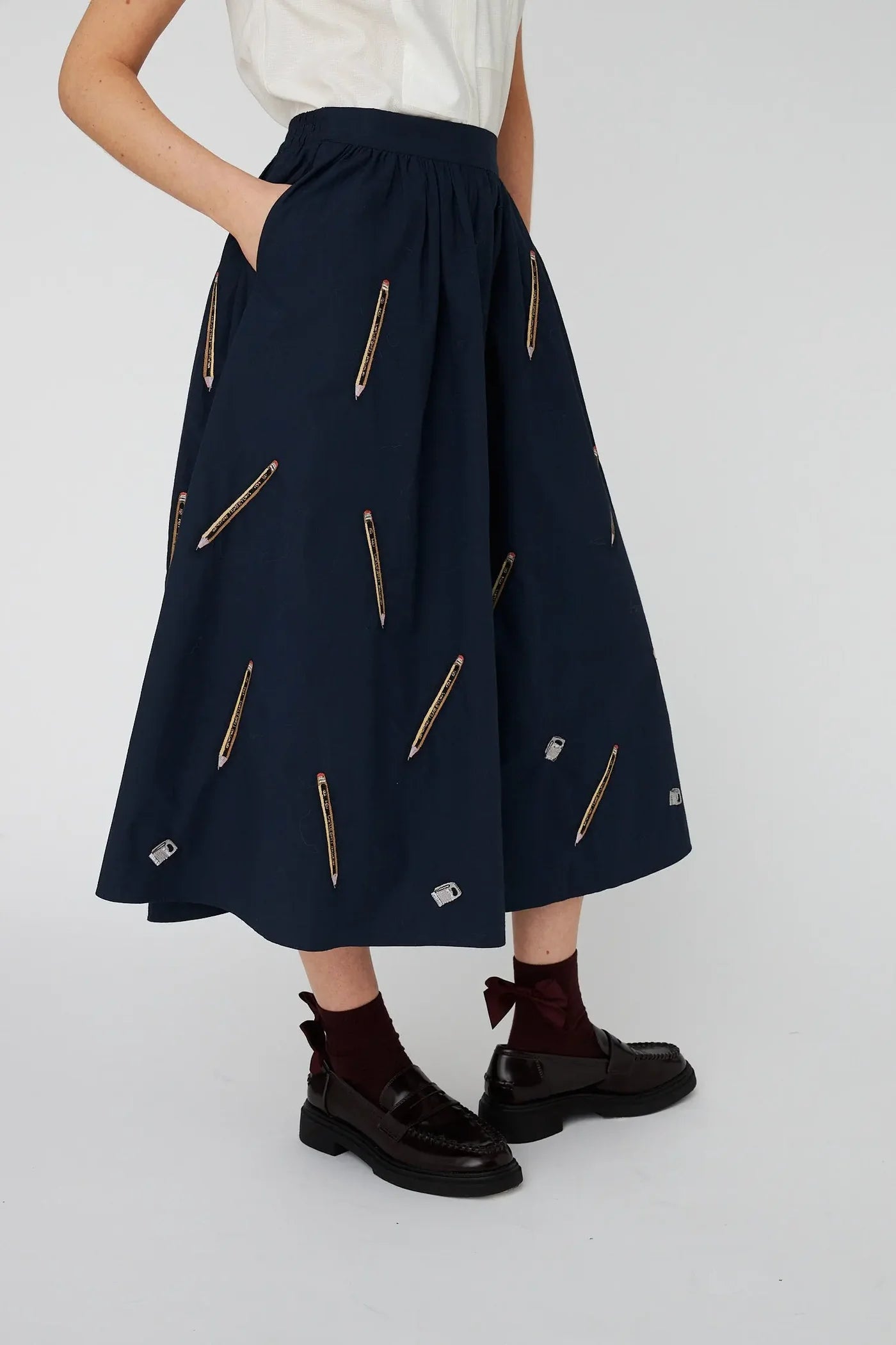 STELLA NOVA Embroideres cotton midi skirt navy