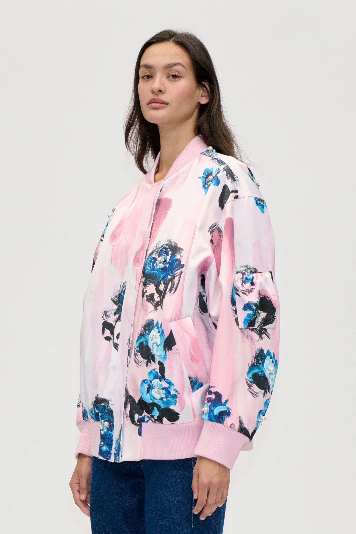 STINE GOYA Bomber Jacket "Blue roses on blush"
