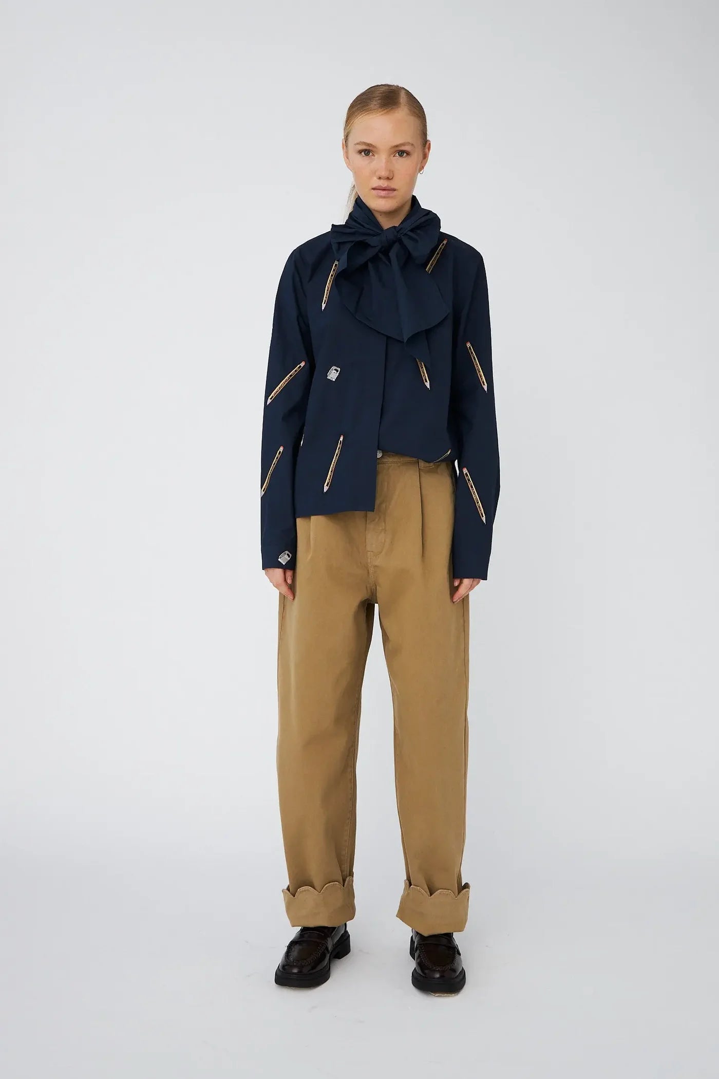 STELLA NOVA Embroidered cotton bow shirt navy