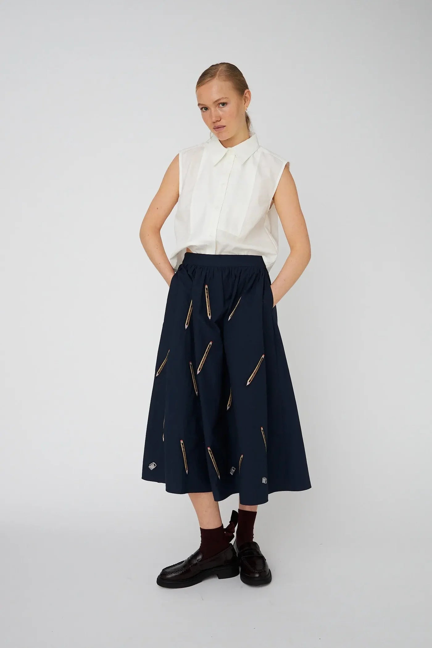 STELLA NOVA Embroideres cotton midi skirt navy