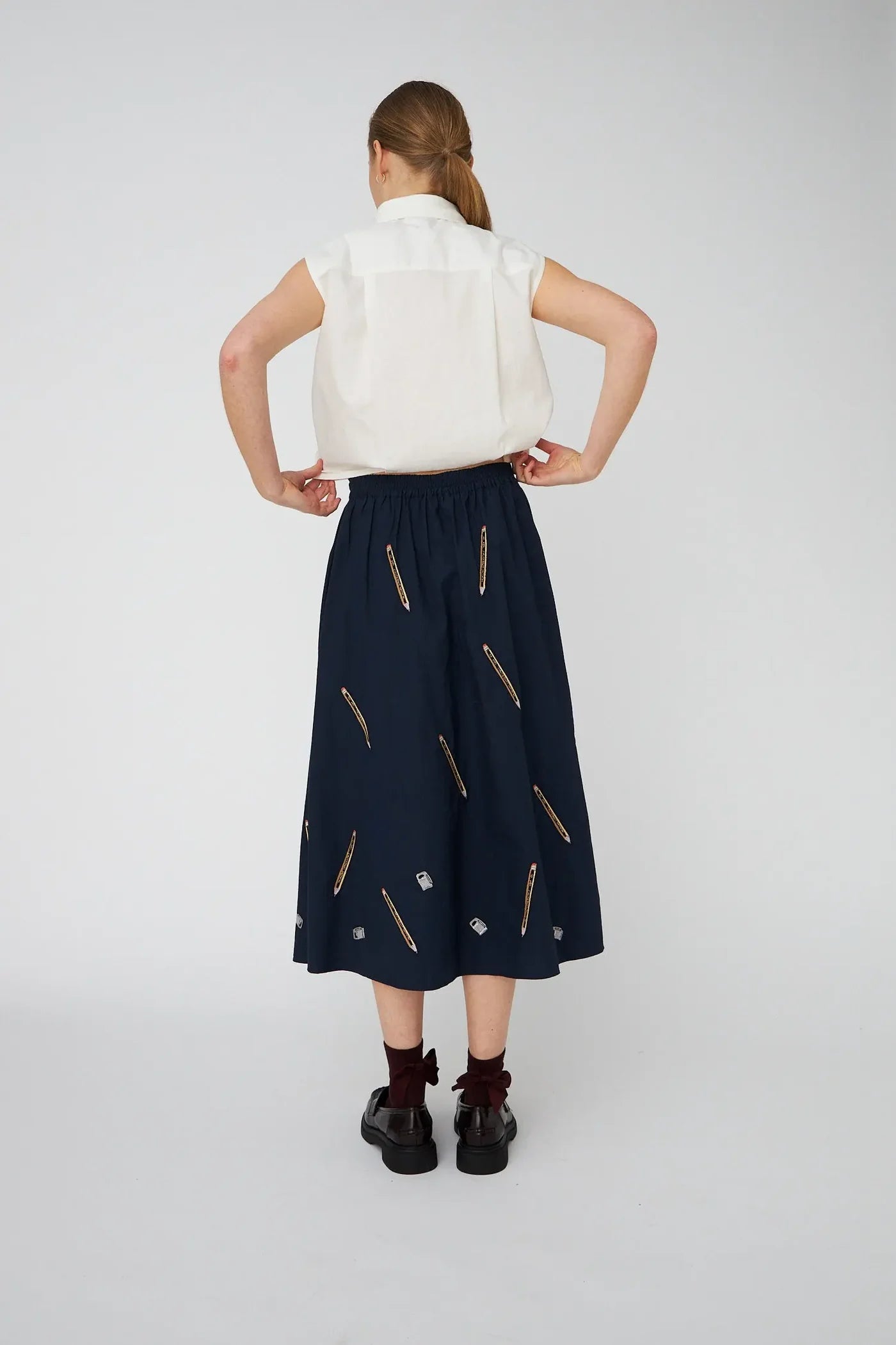 STELLA NOVA Embroideres cotton midi skirt navy