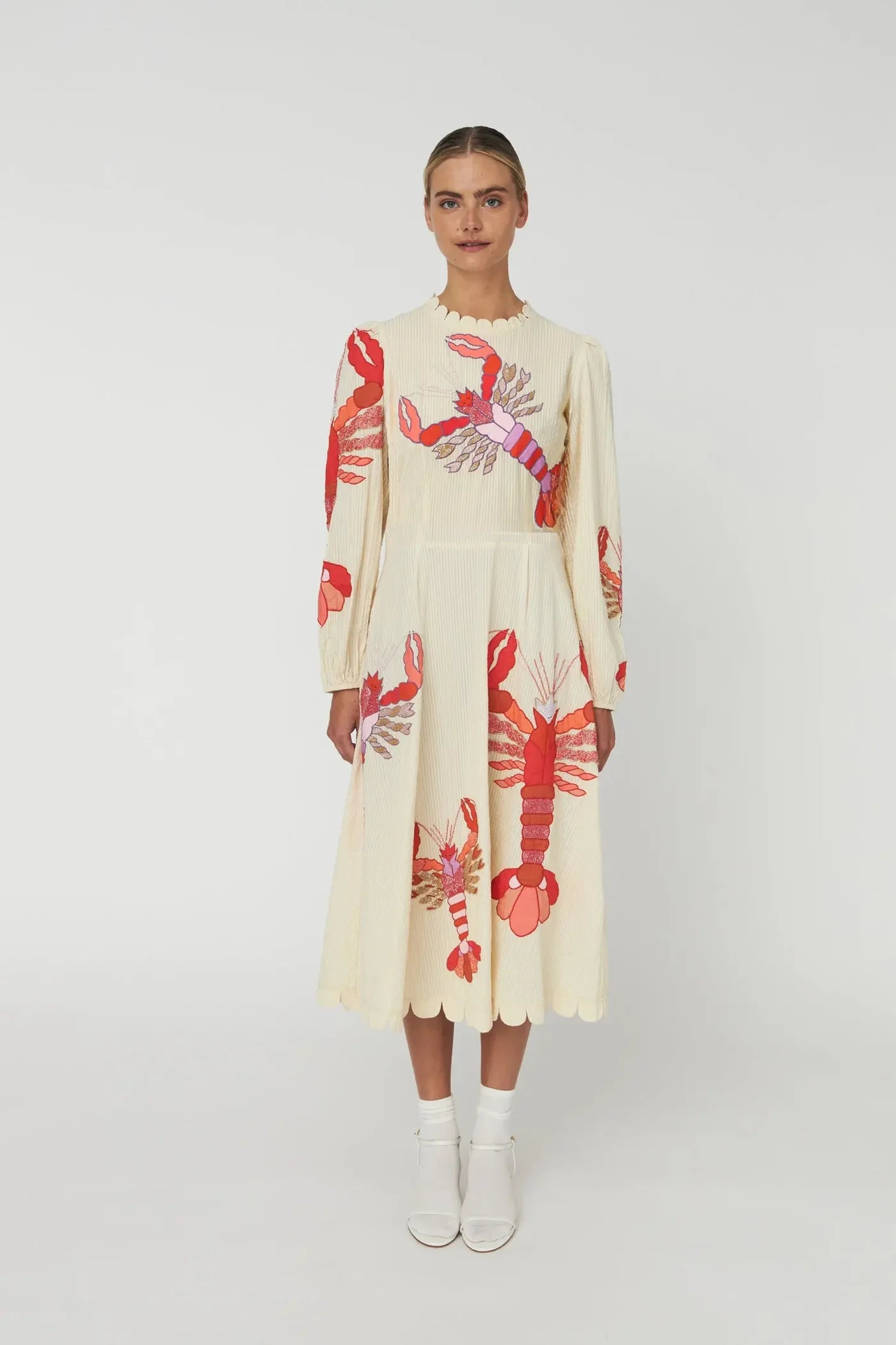 STELLA NOVA Embroidered Midi Dress "Lobster" creme