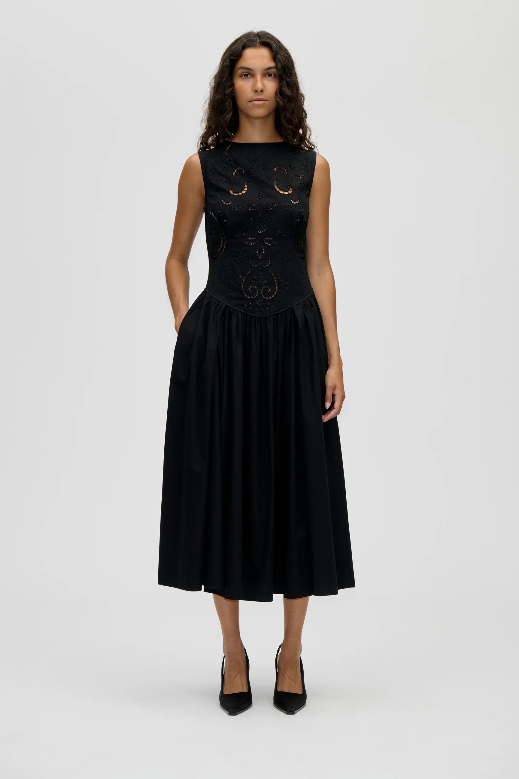 STINE GOYA Midi dress embroidered, broderie anglaise